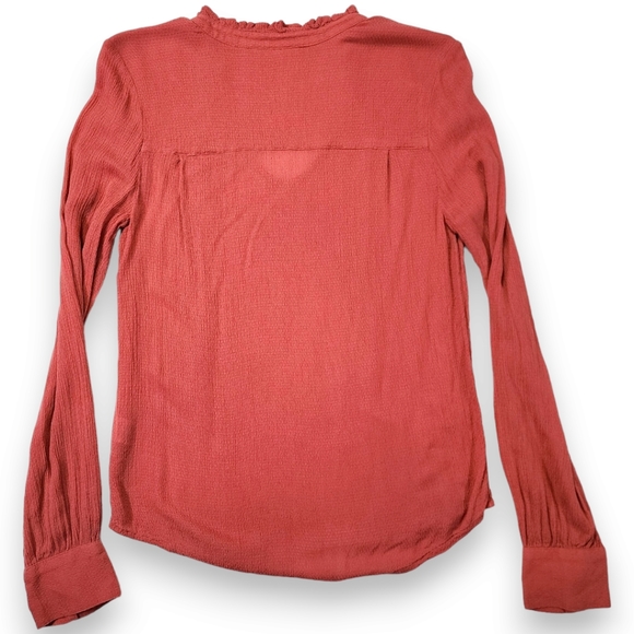 Hinge V-Neck Long Sleeve Blouse Ruffle Tie Neck Salmon Pink Size Small - Picture 2 of 10